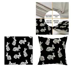 Easter linen pillowcase with ethnic white rabbit print and invisible zipper detail