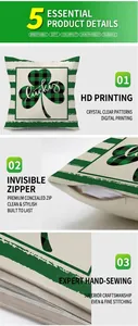 Detail of St. Patrick's Day pillowcase with lucky clover print and invisible zipper