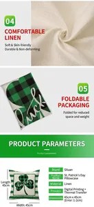 Detail view of St. Patrick's Day linen pillowcase with lucky clover and 45x45cm size specs