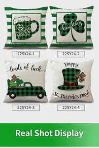 Detailed grid of four St. Patrick's Day pillow covers with clover and truck patterns