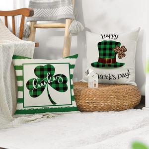 Linen St. Patrick's Day pillow covers with Lucky clover and Leprechaun hat prints