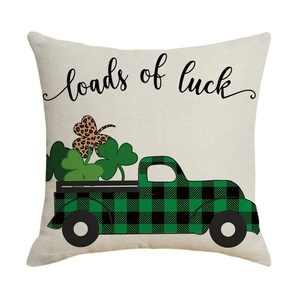 Linen Saint Patrick's Day pillow cover with lucky truck and clover print on white background