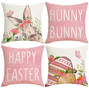 Set of four Easter linen pillow covers with bunny and floral prints for home decor