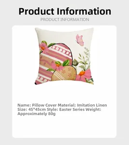 Detailed product card of Easter pillowcase showing faux linen fabric and 45x45cm size