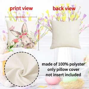 Easter bunny linen pillow cover with watercolor floral wreath 18x18 inch square case
