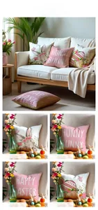 Set of four Easter linen pillow covers with bunny and egg prints for home decoration