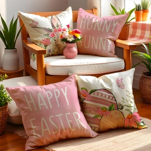 Easter Bunny Cushion Cover Polyester Linen Look Rabbit Easter Egg Floral Pattern Decorative Throw Pillow Case Home Decor