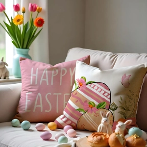 Easter rabbit linen pillow covers with Happy Easter print on beige fabric sofa