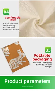 Detail of linen Easter pillowcase texture with white rabbit print and protective packaging