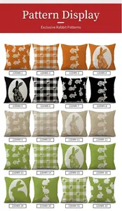 Detail view of 20 linen Easter pillow covers with various rabbit and checkered patterns