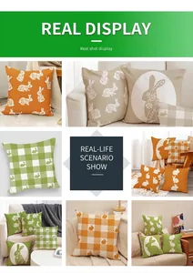 Linen Easter pillow covers featuring bunny prints and checkered patterns on a sofa