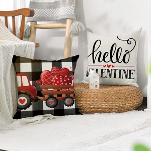 Nordic Valentine pillow covers set with red heart tractor and festive slogan print