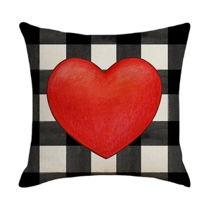 Nordic buffalo check linen pillow cover with red heart print for Valentine decor