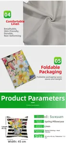 Detailed view of linen pillowcase featuring spring floral print and 45x45cm size chart