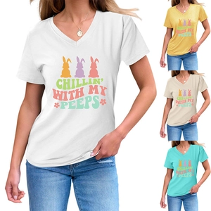 Detailed comparison of V-neck T-shirts in four colors with bunny graphic and text print