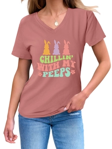 Detail of V-neck T-shirt with Chillin' With My Peeps Easter bunny graphic design