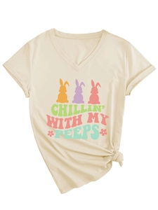 Detail of V-neck beige t-shirt with colorful bunny silhouettes and artistic slogan print