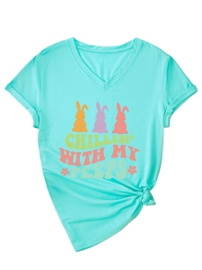 Detail of light blue V-neck T-shirt with colorful Easter bunny prints and funny quote