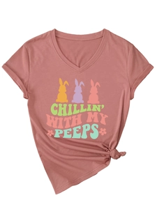 Brick red V-neck T-shirt with vintage bunny print and stylish knotted hem detail