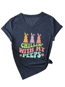 Detail of V-neck heather navy tee with rolled sleeves and Easter bunny print