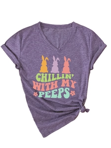 Detail of V-neck purple heather T-shirt with bunny print and stylish front knot design