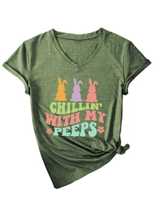 Detail of V-neck T-shirt in military green with 'Chillin' With My Peeps' bunny print
