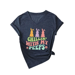 Women's V-neck T-shirt in navy blue featuring Chillin' With My Peeps bunny graphic