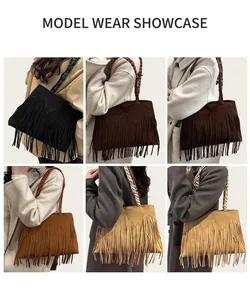 Dettaglio delle borse boho con frange e tracolle intrecciate in nero, marrone e cuoio