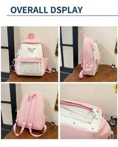 Detail view of pink and white polka dot backpack with a clear PVC front pocket