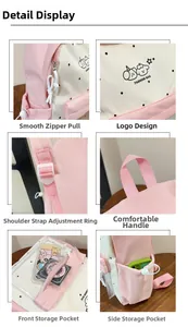 Detail view of pink backpack showing smooth zippers, adjustable straps, and mesh side pockets