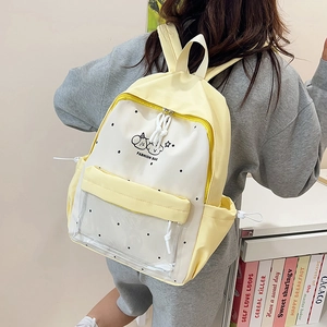 Large capacity Japanese style school backpack with cute polka dots and transparent PVC pocket