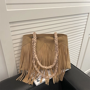 Bohemian Ethnic Style Faux Suede Fringe Tassel Shoulder Bag For Women Retro Large Capacity Tote Bag With Braided Handle Bucket Bag