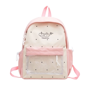 Pink polka dot school backpack for girls with cartoon print and clear front pocket
