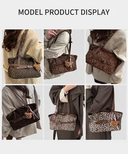 Detailed views of leopard print tote bag with bear charm shown on a model's shoulder