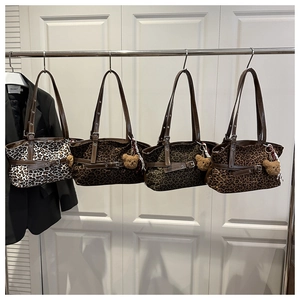 Fashionable leopard print tote bag collection in four colors with cute bear charm