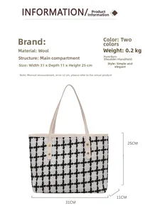Especificaciones detalladas y guía de tallas del bolso tote de lana a cuadros 31x25cm
