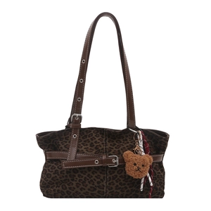 Retro faux suede leopard print tote bag with brown leather straps and plush bear charm