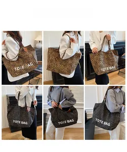Detailed views of leopard print canvas tote bag styled with various outfits for women