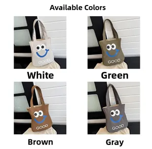 Collage of canvas tote bags in white, green, brown, and grey with a cute smiley face