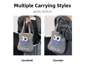 Gray tote bag detail showing versatile hand-carry and shoulder-wear styles with GOOD text