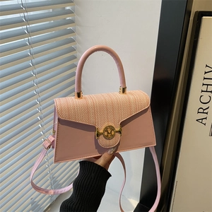 Women Tweed PU Leather Shoulder Bag Refined Small Square Handbag With Metal M Buckle Versatile Crossbody Daily Purse