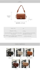 Size chart showing product dimensions of 21x15x7cm for the vintage PU crossbody bag