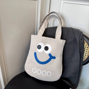 Cute Cartoon Smile Face Canvas Tote Bag Large Capacity Drawstring Bucket Shoulder Bag For Women Daily Casual Handbag