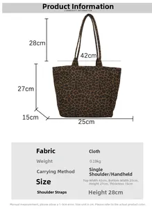 Size guide for large leopard print tote bag with detailed measurements and specifications