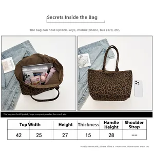 Size chart showing dimensions for a vintage leopard print tote bag with handle details