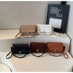 Minimalist crossbody flap bags in five colors with golden clasps on a white display