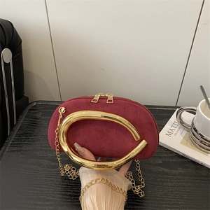 Women Suede Evening Bag Metal C-Handle Golden Chain Shoulder Crossbody Retro Elegant Party Clutch For Lady