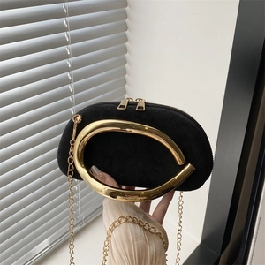 Vintage Suede Evening Bag With Large Gold Metal Ring Handle Elegant Chain Crossbody Bag For Women Wedding Party Clutch