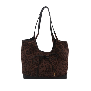 Sac fourre-tout chic à motif léopard avec base en cuir noir et détail de nœud