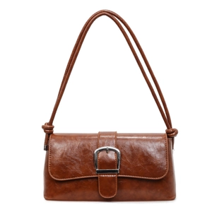 Retro brown glossy faux leather shoulder bag with silver buckle and knotted straps